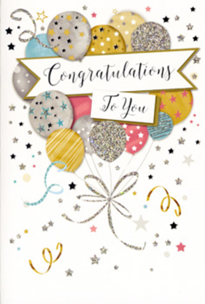 In this scene, a tastefully designed congratulations card stands upright, its artwork echoing the joyful energy of a celebration near Old Oak Common's leafy streets. The main motif is a cluster of balloons illustrated with soft shading that gives them a rounded, almost three-dimensional presence. They appear in a coordinated palette of gold, silver, champagne, pastel blue, rosy blush, and light grey, arranged so that no single colour dominates. Each balloon is adorned with distinctive metallic accents-tiny star patterns, slender stripes, or a gentle dusting of glitter-like texture-creating visual interest and a suggestion of real foil stamping. A flowing banner stretches across the centre of the cluster, elegantly carrying the message Congratulations To You in a refined, cursive script reminiscent of handwritten notes exchanged between friends. From the base of the balloons, fine golden and silvery ribbons trail down in loose curls, suggesting the easy movement of decorations swaying in the breeze near Scrubs Lane. Surrounding the main design, a constellation of small stars, swirling curves, and delicate confetti dots appears across a light, neutral background, giving the impression of a room mid-celebration, frozen in a single joyous moment. The card's composition is carefully balanced, leaving enough negative space to keep the artwork from feeling crowded while still conveying a sense of lively festivity. It is ideally suited for recognising milestones-a promotion in a nearby office, a graduation celebration, or any personal success worth honouring. Paired with a bouquet thoughtfully prepared by Flower Delivery Old Oak Common, this card would offer a complete expression of admiration, pride, and heartfelt congratulations.