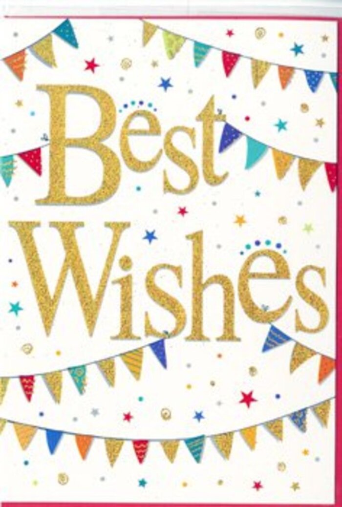 The photograph presents a charming Best Wishes card that blends elegance and playfulness, making it perfect for marking happy milestones across Old Oak Common. The card's base is a clean, bright white, which highlights the colours and details layered on top. Dominating the centre, the words Best Wishes appear in generous golden script, flowing from left to right like a confident signature. The letters have a slightly raised, metallic finish that catches the light, creating a sophisticated shimmer similar to polished brass in afternoon sunshine. This golden phrase forms the heart of the design. Framing it above and below, sweeping strings of bunting stretch across the width of the card, curving gently like festive garlands strung overhead at a local community fair. Each miniature triangle is individually coloured: bold scarlet, sky blue, leafy green, golden yellow, rich purple, and warm orange all make an appearance. Some flags are solid blocks of colour while others are decorated with playful patterns-slender stripes, polka dots, or tiny mosaic motifs-that introduce a sense of handcrafted care. Between these arcs of bunting, small star shapes and confetti-like dots float in matching hues, scattered with an easy, natural rhythm that suggests the moment just after someone tosses a handful of paper confetti. The design feels airy, with plenty of white space to keep the eye focused on the golden message. It evokes the mood of a quiet yet joyful celebration, perhaps a new job near Old Oak Common Lane or a housewarming close to the railway sidings. The card appears to be printed on smooth, quality card stock, ideal for carrying a handwritten note alongside a thoughtfully arranged bouquet.