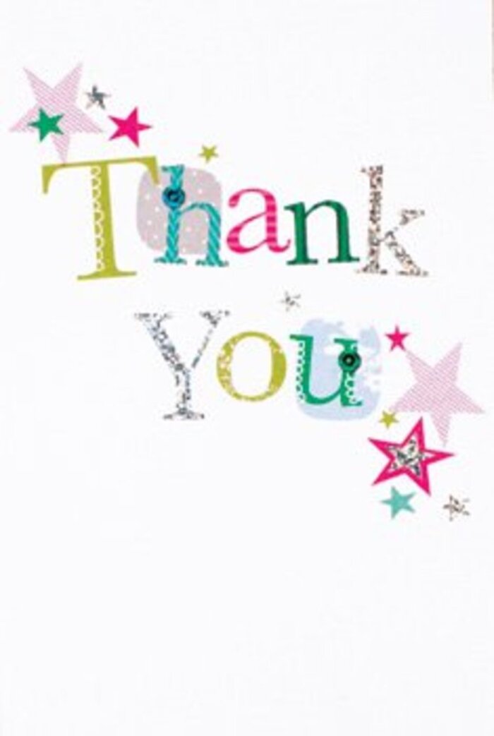 The delicate artistry of this thank you card conjures the uplifting spirit of Old Oak Common on a sunlit afternoon. Each letter is individually expressive-some bending in a gentle arc, others adorned with playful dots or curved stitches-painted in a medley of bright lime green, resonant fuchsia, serene blue, and shimmering silver. Star motifs, some striped pink, others filled with deep turquoise or glistening silver, cluster artfully around the message, evoking the stardust magic of a celebration at the local community centre on Stephenson Street. The immaculate white background provides an airy, contemporary canvas, reminiscent of the broad open spaces along the Grand Union Canal. Sophisticated yet warmly inviting, the card's design strikes a perfect balance-neither overly formal nor too relaxed-making it a fitting partner to any floral offering. Whether tucked between a lush arrangement or presented alone, it radiates warmth, joy, and gratitude rooted in the friendly heart of the Old Oak Common community. The tactile interplay of stitched details, polka dots, and vibrant colours showcases the skilled hand of a local florist, reflecting the memorable gestures that deepen connections in the neighbourhood.