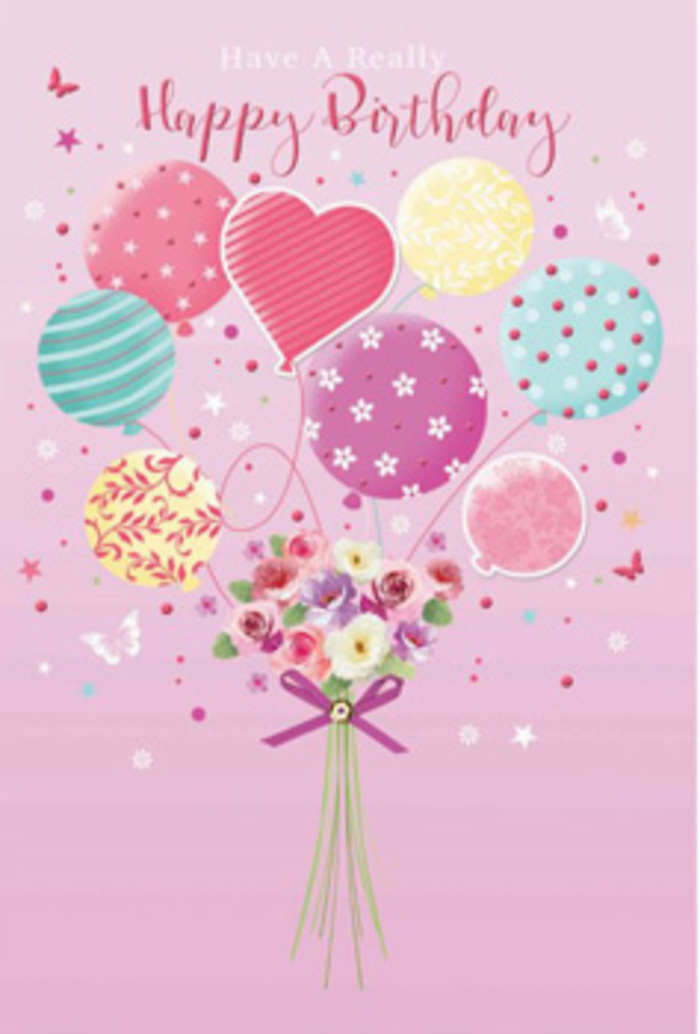 Gentle birthday scene in illustrated form, where a pastel balloon bouquet appears to carry a small garden of flowers upward, echoing the relaxed, neighbourly charm of Old Oak Common. The background is a smooth wash of pale pink, calming and warm, like the sky just before dusk over the nearby parkland. At the centre floats a cluster of balloons in soft, harmonising tones: pale sunshine yellow, rosy fuchsia touches, lavender, and fresh sea-green. Some balloons are decorated with swirling stripes that wind like ribbons; others are speckled with delicate dots or tiny floral designs, so each has its own playful character. A faint highlight runs across the balloons, suggesting diffused daylight and giving them an airy, three-dimensional presence, as if they might bob gently in a birthday breeze along Old Oak Common Lane. The ribbons from the balloons descend to a neat bouquet at the base, composed of petite roses and daisy-like blossoms in creamy white, blush pink, and dusty mauve. Their petals are shaded with care to convey velvety softness and a sense of fragrant freshness, much like a hand-tied arrangement prepared for same-day delivery by Flower Delivery Old Oak Common. A rich purple bow gathers the stems, the satin folds curling naturally, with soft reflections that hint at movement and touch. Scattered stars and fluttering butterflies surround the main design, adding a light, whimsical sparkle without detracting from the flowers and balloons. The entire artwork reads as a quiet yet joyful birthday greeting, tender and thoughtfully composed, perfect for someone who loves both flowers and the simple charm of Old Oak Common.
