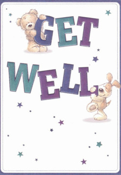 This heartwarming get well card, reminiscent of the uplifting moments found throughout Old Oak Common, showcases the endearing companionship of a teddy bear and a cheerful puppy. The bear is rendered with plush, sun-kissed fur, perched confidently atop the blocky, playful letters of 'GET'. Below, the puppy-its floppy ears and gentle eyes aglow with kindness-nestles along the curve of 'WELL', interacting joyfully with the text. The oversized letters in rich purples and aquatic teals demand attention, set against a crisp, clean-white background that breathes a sense of clarity and hope-much like the dewy mornings along nearby Wormwood Scrubs. Around them, scattered stars sparkle in varying shades of blue and violet, hinting at the magic of small, caring gestures in Old Oak Common's close-knit community. As a florist, I recognise the thoughtful composition here: every visual element is arranged as lovingly as a bouquet, crafted especially to ease worries and inspire a gentle smile. The texture and warmth of the bear and puppy invite a sense of calm, mirroring the quiet support friends and neighbours provide each other throughout Old Oak Common. Whether paired with a bouquet for same-day delivery or cherished on its own, this card radiates compassion and a heartfelt wish for brighter days ahead.