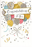 The congratulations card depicted here offers a refined, festive design that feels perfectly at home in Old Oak Common, where quiet streets often host life's big moments. At its centre, a cheerful bouquet of illustrated balloons rises in a loose cluster, each shape overlapping and nestling against the others in a harmonious arrangement. The balloons are rendered in a palette of soft gold, cool silver, champagne, sky blue, rose-toned pink, and gentle grey, their surfaces enriched with tiny metallic stars, subtle striping, and glitter-like accents. These decorative touches suggest the luxe appearance of foil printing, the kind that would catch your eye in the window of a small local card and flower shop. A curved banner glides across the middle of the composition, proudly displaying the words Congratulations To You in an elegant script that feels personal and genuine. From the base of the balloon cluster, slender ribbons unfurl in shimmering gold and silver lines, curling and looping downward like streamers drifting at a neighbourhood gathering near the open space of Wormwood Scrubs. Scattered around the balloons and banner, petite stars, swirling motifs, and confetti dots are sprinkled against a light, uncluttered background, evoking a sense of motion and celebration without overwhelming the design. The overall feeling is one of lightness, charm, and quiet pride-perfect for marking exam success, a new role, or another cherished milestone. This is the sort of card you might tuck beside a vase of fresh flowers delivered across Old Oak Common, letting its gentle elegance carry your heartfelt congratulations long after the moment is over.