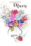 This Mother's Day card showcases a charming, watercolour-style bouquet that feels both artistic and personal, as if painted after a stroll through Old Oak Common on a bright spring day. At the centre, full, loosely defined flowers in vivid cerise, deep pink, and lively magenta blossom outward, their petals outlined with soft, sweeping strokes of indigo that lend the design a sense of movement and depth. Around these bold blooms, gentler colours unfold-powder blues, misty purples, and pale blush accents-suggesting a medley of garden favourites mixed with care. Flecks of fresh green give the hint of leaves and stems nestled between the flowers, adding freshness reminiscent of new growth along the nearby parks and residential streets. Delicate golden detailing glides across petal edges and the implied curve of leaves, introducing a touch of subtle sparkle, much like the glimmer of low evening light across Old Oak Common's open spaces. Supporting the bouquet is a rounded vase painted in translucent layers of soft neutral tones, finished with a tidy golden bow that echoes the ribbons used by local florists preparing a hand-tied arrangement for delivery across W3 and the surrounding area. The composition is framed by scattered dots of colour and small heart motifs, drifting near the edges like affectionate thoughts or petals caught on a light breeze. Set against a clean white background, the colours appear bright yet gentle, giving the entire design an airy, uplifting mood. The image feels like a visual embrace-a thoughtful, painterly way to say thank you, Mum from the heart of Old Oak Common.