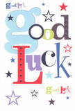 A bold, cheerful good luck card is shown up close against a clean white background, the words Good Luck arranged in a lively jumble of colours and fonts that feel as joyful as a congratulatory bouquet arriving at a front door in Old Oak Common. Oversized, pastel-blue letters curl and loop across the centre, intertwined with confident strokes of deep red, mossy green, and velvety violet, each letter shaped a little differently, as if a graphic designer has hand-picked every style to echo a different kind of encouragement. Around the phrase, tiny stars scatter in every direction, some sharp and inky navy, others soft sky-blue, indigo, lilac, and pale lavender, fading delicately at the edges like distant constellations over Wormwood Scrubs on a clear night. The card's surface looks smooth and crisp, with the slightly raised ink giving the impression of subtle texture beneath your fingertips, similar to the feel of quality cardstock we tuck into our flower deliveries. You can almost imagine sliding this card between the stems of a bright congratulations bouquet, the cool white space around the lettering allowing each colour to breathe and stand out, just like carefully spaced blooms in a vase. The lighting is soft and even, without harsh shadows, so the colours stay pure and optimistic, capturing the moment before an exam, a new job, or a big audition. It feels like the sort of card a friend in Old Oak Common might press into your hand at the station or over coffee on Old Oak Common Lane, its playful stars and confident typography quietly promising that luck, support, and possibility are all firmly on your side.