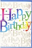 A colourful birthday card stands as the focus of the scene, its surface alive with cheerful detail, like a small celebration straight from the heart of Old Oak Common. At the centre of the design, the words Happy Birthday are written in big, inviting letters that travel across the card in a seamless band of colour. Each letter holds a different shade-crimson, burnt orange, bright yellow, leafy green, teal, deep indigo, and royal purple-blending into each other with the softness of carefully brushed paint. The font is rounded and bold, conveying friendliness and happiness, as if the message is practically bursting with excitement. Filling the background from top to bottom is a repeating script of Happy Birthday to you, penned in graceful, looping gold. This script is more delicate than the main text and gives the impression of fine calligraphy, its metallic sheen glimmering softly, much like evening lights flickering on around Old Oak Common's residential streets. The gold letters overlap and run in neat rows, creating a gentle, shimmering pattern behind the brighter front text. Scattered lightly across the card are tiny, colourful shapes-little stars and specks reminiscent of confetti tossed during a birthday song-that add extra sparkle without overwhelming the main message. The card appears to be printed on quality, smooth cardstock with a slight sheen, enhancing both the depth of the colours and the glow of the metallic gold. It's a design that would sit beautifully alongside a hand-delivered bouquet in Old Oak Common, capturing the warmth, anticipation, and heartfelt joy of marking another year in someone's life.