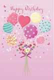 Whimsical birthday card design where a bouquet of pastel balloons and fresh flowers creates a dreamy moment, much like a cheerful gift arriving on a doorstep in Old Oak Common. The background is a delicate, dusty pink that feels warm and comforting, setting the stage for the celebration. Rising from the centre, a group of balloons in soft shades of pink, aqua, lemon, and lilac drifts upward, each balloon subtly glossy as if catching natural light. Some balloons spin with candy-coloured stripes, others sparkle with playful polka dots, and one gentle heart-shaped balloon sits near the middle, suggesting affection and closeness. The ribbons gather elegantly and trail down into a rounded bouquet at the lower edge of the artwork. This bouquet is filled with roses and anemone-like blossoms in creamy ivory, blush, and gentle mauve tones, their petals illustrated with fine, feathery detail so they seem soft and freshly opened. A violet satin bow secures the stems, its edges glinting with tiny highlights that evoke birthday candles reflected on ribbon at a cosy Old Oak Common celebration. Around the flowers and balloons, small stars and fluttering butterflies float as if caught in a light breeze, adding a hint of fairytale magic. The overall scene is light, airy, and joy-filled, capturing the easy happiness of a birthday morning in Old Oak Common, where balloons, flowers, and kind wishes come together in a single, charming design.