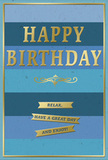 The scene features an elegant birthday card positioned upright, its entire face covered in broad, horizontal stripes of blue that shift gently in tone from top to bottom. At the upper edge, the colours are deep and velvety, moving through rich navy and denim into cooler ocean and teal shades, then lightening into soft sky blue near the base. This gentle gradient feels as peaceful as a clear day over Old Oak Common, hinting at wide skies and open space. Centred across these layered blues is the main message, HAPPY BIRTHDAY, set in large embossed capitals and finished in gleaming metallic gold. The raised letters catch the light delicately, adding a polished, festive glimmer that stands out against the matte background. Immediately beneath this, a fine golden flourish sweeps horizontally, its curved lines lending a touch of classic elegance and careful design. Near the lower section of the card, three slender gold banners run side by side in a vertical stack, each embossed and highly reflective. Together, their text offers a gentle trio of wishes: Relax, have a great day and enjoy! - as though the card were quietly encouraging the birthday person to slow down and savour the moment. A narrow gold border outlines the entire rectangle of the card, providing a neat frame that ties all the elements together. The photograph is lit with soft, even light, which lets the metallic gold shimmer without glare, much like the late-afternoon sun glancing off windows along nearby streets. The overall effect is one of understated luxury and calm celebration, perfect to accompany a bouquet delivered for a birthday in Old Oak Common.