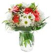 With an easy elegance that seems to gather the warmth of an Old Oak Common morning, this bouquet brings together coral-crowned carnations, soft white chrysanthemums, and sun-touched daisies in a fresh, inviting arrangement. The ruffled petals of the carnations create a lively, textured centre-full of personality and visual interest. Crisp white daisies with golden-green centres bloom at their sides, adding a playful brightness redolent of cheerful park gatherings or Sunday markets. Wisps of baby's breath float in between, their airy delicacy softening the bouquet's silhouette and introducing a gentle lightness. Magenta alstroemeria buds, just visible on the left, hint at blooms still to come and add a touch of quiet intrigue. Surrounded by a rich collar of deep green, glossy leaves and slender blades, the bouquet's vibrant heart sits securely in a clear glass vase with refreshingly visible stems awash in clear water. The arrangement is evenly lit, with each detail watched over by natural light-making it a thoughtful gift for birthdays or as a gesture of comfort and encouragement, its joy as tangible as the welcoming community spirit in Old Oak Common.